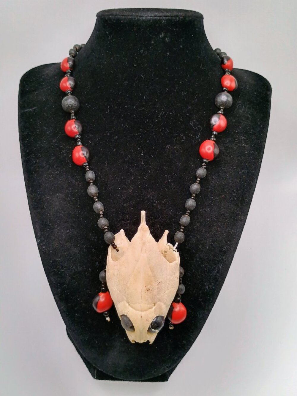 Huayruro Seed Necklace with Skull, Handmade Amulet for Protection and Good Luck